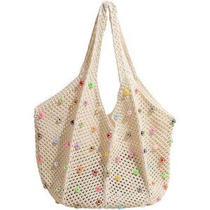 Boho Crochet Beach Tote with Colored Bead Inlay